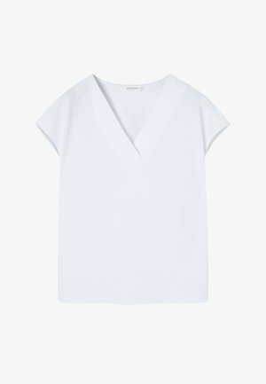 Bela bluzica s kratkimi rokavi in globokim V-izrezom ter sproščenim, kvadratnim krojem.