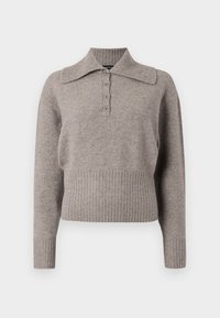 Jasnoszary sweter dzianinowy z kołnierzykiem, z przodu zapinany na guziki, z ribbed (prążkowanym) dołem i mankietami. Miękka tekstura i swobodny krój.