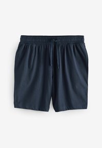 Mørkeblå badebukser lavet af letvægtsstof, med elastisk talje og snor samt sidelommer.