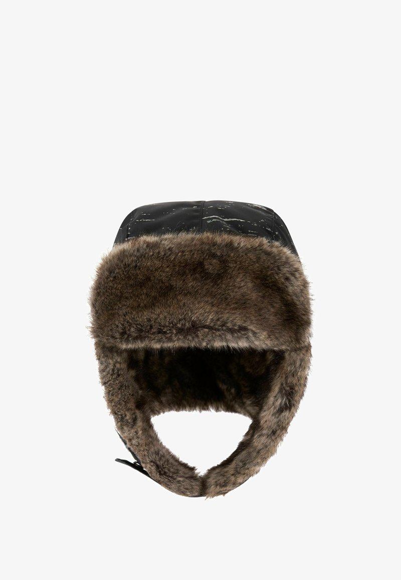 Black trapper hat featuring a faux fur lining and trim, with a smooth exterior and adjustable straps on the sides for a snug fit.