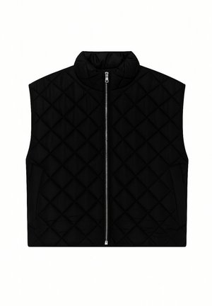 Czarna pikowana kamizelka z wysokim kołnierzem, z suwakiem z przodu i dwoma bocznymi kieszeniami. Tekstura jest gładka z diamentowym wzorem na całej powierzchni.