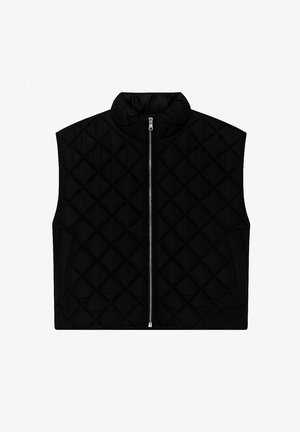 Czarna pikowana kamizelka z wysokim kołnierzem, z suwakiem z przodu i dwoma bocznymi kieszeniami. Tekstura jest gładka z diamentowym wzorem na całej powierzchni.
