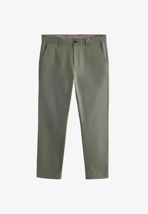 Olive green trousers made of smooth fabric with a straight-leg design, featuring front pockets and a button closure at the waist.