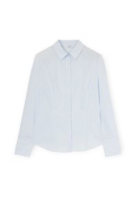 Camicia azzurra chiara con colletto, a righe bianche verticali, maniche lunghe, patta frontale e polsini arrotondati. Tessuto liscio con una vestibilità su misura.
