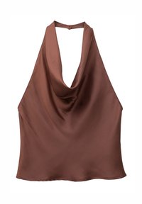 Top marron en satin avec un col licou drapé profond et une fermeture par bouton dans le dos du cou.