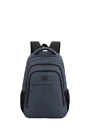 Backpack in dark blue fabric with black accents, featuring a rounded top, multiple zippered compartments, and side mesh pockets for water bottles.