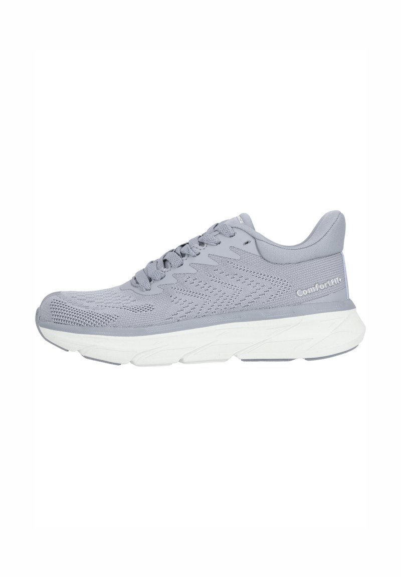 Baskets de sport gris clair avec une tige en mesh, un design à lacets et une épaisse semelle blanche avec un motif en vague. Logo "ComfortFit" sur le côté.