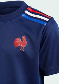 Mörkblå kortärmad tröja med en röd tupp-emblem och flerfärgade randiga detaljer i rött, vitt och blått på axlarna.