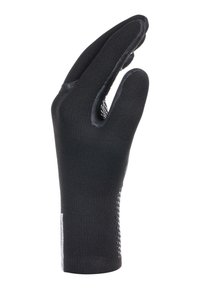 Black glove with a flexible design, textured surface, and rubber accents on fingers. Made from a durable, elastic material.