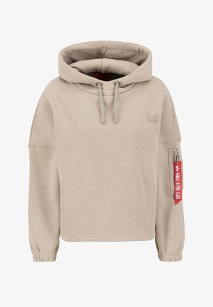 Sudadera con capucha beige de corte holgado, con cordón y puños. Presenta un bolsillo en la manga con cremallera y una etiqueta roja. Tejido suave de mezcla de algodón.