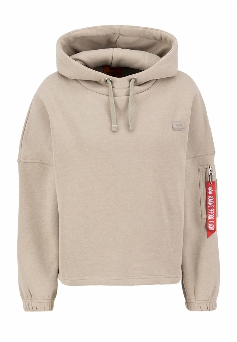 Beige hoodie met een losse pasvorm, trekkoorden en manchetten. Heeft een ritszak op de mouw met een rode label. Zachte katoenmix stof.