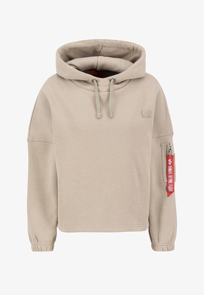 Beige hoodie met een losse pasvorm, trekkoorden en manchetten. Heeft een ritszak op de mouw met een rode label. Zachte katoenmix stof.