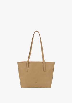 Tan-nahkainen kassi, jossa on kaksi pitkää hihnaa, litteä pohja ja huomaamaton logoelementti edessä. Sileä pinta ja jämäkkä muotoilu.