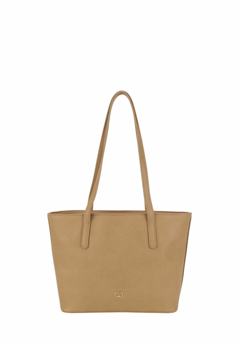 Sac fourre-tout en cuir tan avec deux longues anses, un fond plat et un logo discret sur le devant. Texture lisse avec un design structuré.