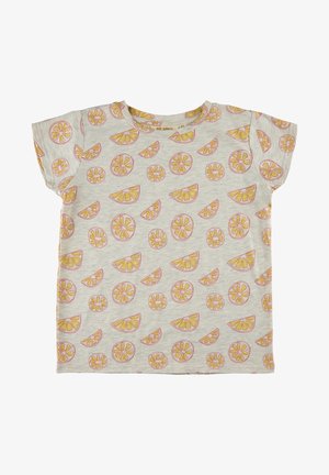 Lichtgrijs T-shirt met korte mouwen en een patroon van citroenschijven in geel en roze. Zachte stof, ontspannen pasvorm, ronde halslijn, geen zichtbare accenten.