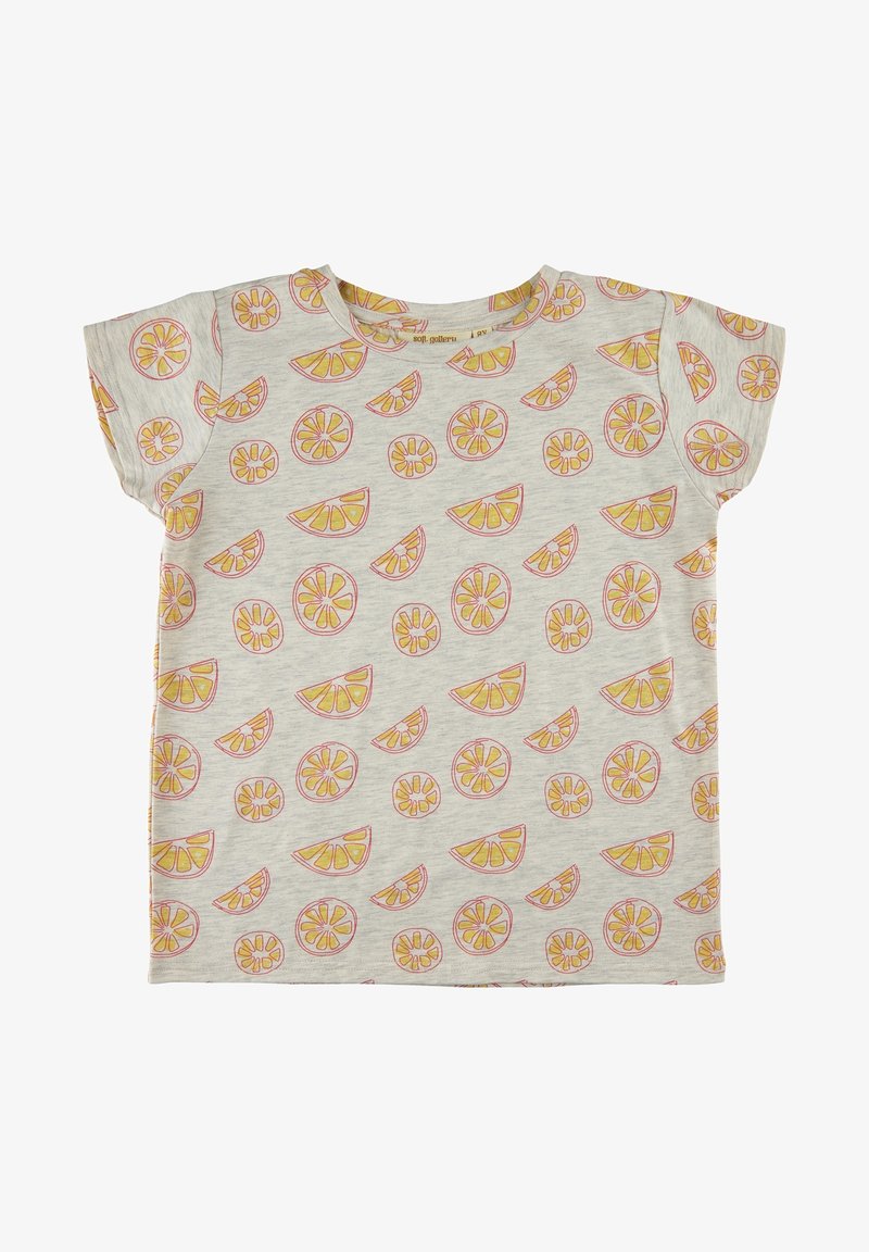 Lys grå kortærmet T-shirt med et citronskiver mønster i gul og pink. Blødt stof, afslappet pasform, rund halsudskæring, ingen synlige detaljer.