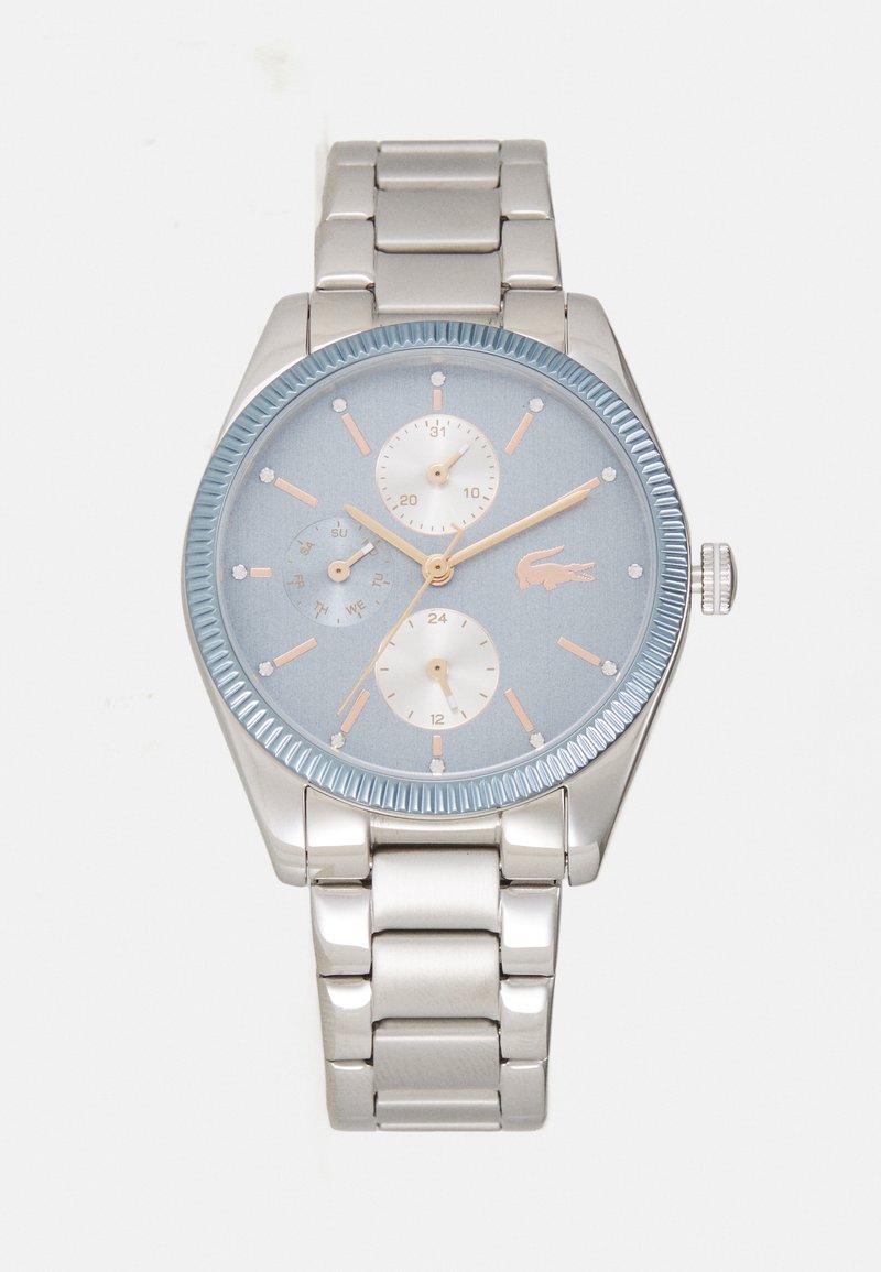 Silver stainless steel watch with a light blue dial, three sub-dials, and rose gold accents. Features a textured bezel and link bracelet.
