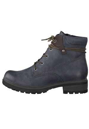 Bottine en cuir bleu marine avec lacets marron, fermeture éclair latérale, col rembourré et semelle noire robuste pour usage extérieur.