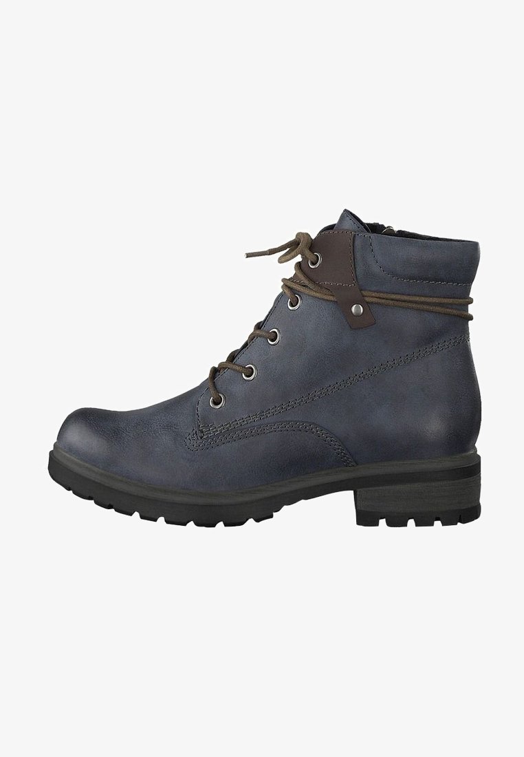 Bottine en cuir bleu marine avec lacets marron, fermeture éclair latérale, col rembourré et semelle noire robuste pour usage extérieur.