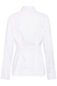 White long-sleeve tailored shirt with a high collar and buttoned cuffs, shown from the back.