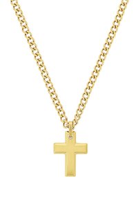Collana in oro con pendente a croce in metallo spazzolato. La catena ha anelli intreccati e il pendente pende centralmente.