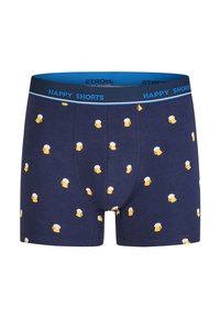 Navy blue boxer shorts made of soft fabric, featuring a repeated yellow beer mug pattern and a contrasting light blue elastic waistband.