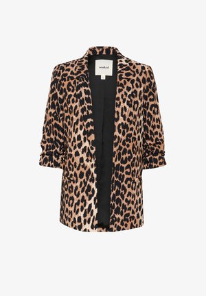 Leopardų rašto švarkas su juodu pamušalu, lengva medžiaga, atviras priekyje, raišteliai, atsipalaidavęs siluetas ir be matomų užsegimų.