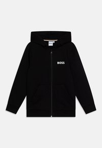 Black zip-up hoodie with front pockets, hood, and "BOSS" logo printed in white on the left chest.