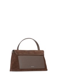 Borsa a tracolla in suede marrone con una tasca frontale in pelle liscia, forma rettangolare, doppi manici e dettaglio del logo nell'angolo in basso a destra.