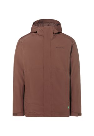 Veste imperméable brune avec capuche, dotée d'une fermeture éclair à l'avant, de deux poches latérales et d'un design minimaliste. Fabriquée en matériau léger.