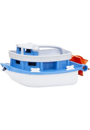 Un petit bateau en plastique bleu et blanc avec une rampe blanche et une roue à aubes orange à l'arrière, conçu pour le jeu dans l'eau.