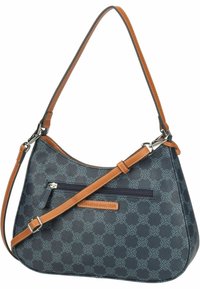 Navy blue handbag with a textured pattern, brown leather accents, a zippered front pocket, and an adjustable shoulder strap.