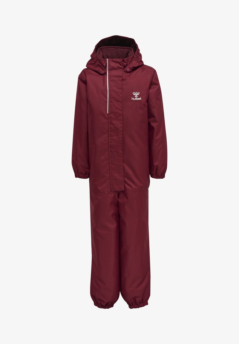 Maroon waterproof rain suit with elastic cuffs and a lined hood; features a front zipper and a small logo on the chest.