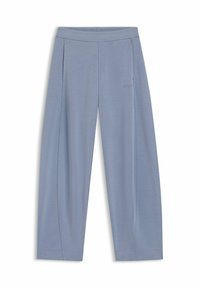 Light blue wide-leg trousers made of soft material, featuring a waistband, two side pockets, and subtle pleats for added texture.