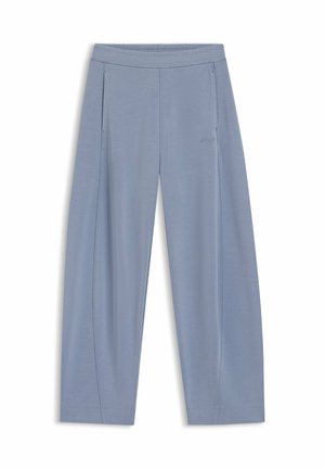 Light blue wide-leg trousers made of soft material, featuring a waistband, two side pockets, and subtle pleats for added texture.