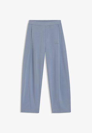 Light blue wide-leg trousers made of soft material, featuring a waistband, two side pockets, and subtle pleats for added texture.