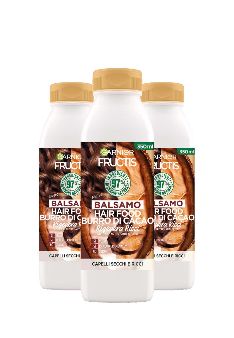 Garnier - BALSAMO RIGENERANTE FRUCTIS HAIR FOOD, BALSAMO RIGENERA RICCI AL BURRO DI CACAO PER CAPELLI SECCHI E RICCI, 350 ML - 3 PACK - Siero per capelli, Ingrandire