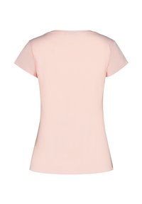 Ljusrosa T-shirt med korta ärmar, rund halsringning och en mjuk bomullstextur. Har en figurnära passform och en minimalistisk design.