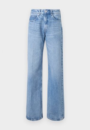 Lys blå vid jeans laget av denim med høy midje, fem-lommers design og subtil falming. Sølv knapp og glidelås lukking.