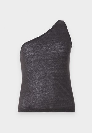 Asimetrična črna majica brez rokavov z enim naramnikom, izdelana iz mehke, rahlo prosojne tkanine, s prilegajočo se silhueto in gladko teksturo.