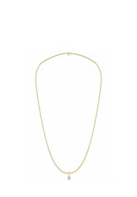 Złoty naszyjnik z łańcuszkiem, z pionową zawieszką ozdobioną przezroczystym kamieniem cyrkonii sześciennej, prezentujący delikatny wzór i subtelną fakturę.