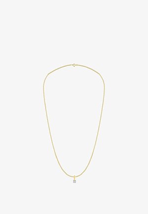 Guldkæde med vedhæng i lodret position med en klar cubic zirkonia-sten, der fremviser et delikat design og fin tekstur.