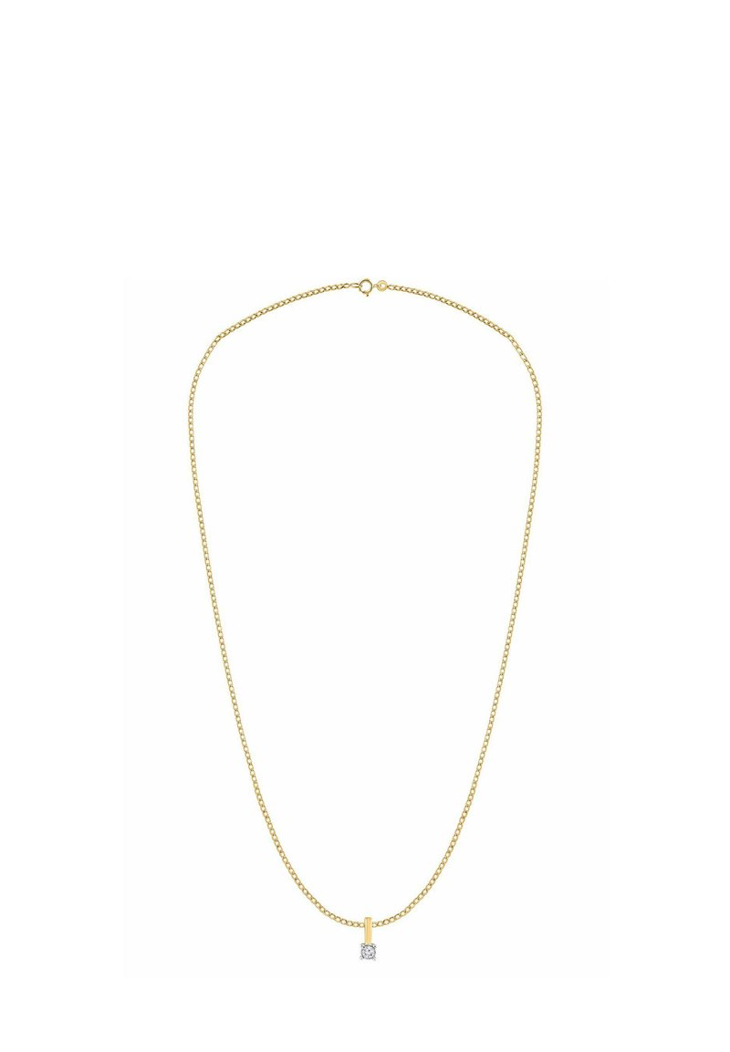Złoty naszyjnik z łańcuszkiem, z pionową zawieszką ozdobioną przezroczystym kamieniem cyrkonii sześciennej, prezentujący delikatny wzór i subtelną fakturę.