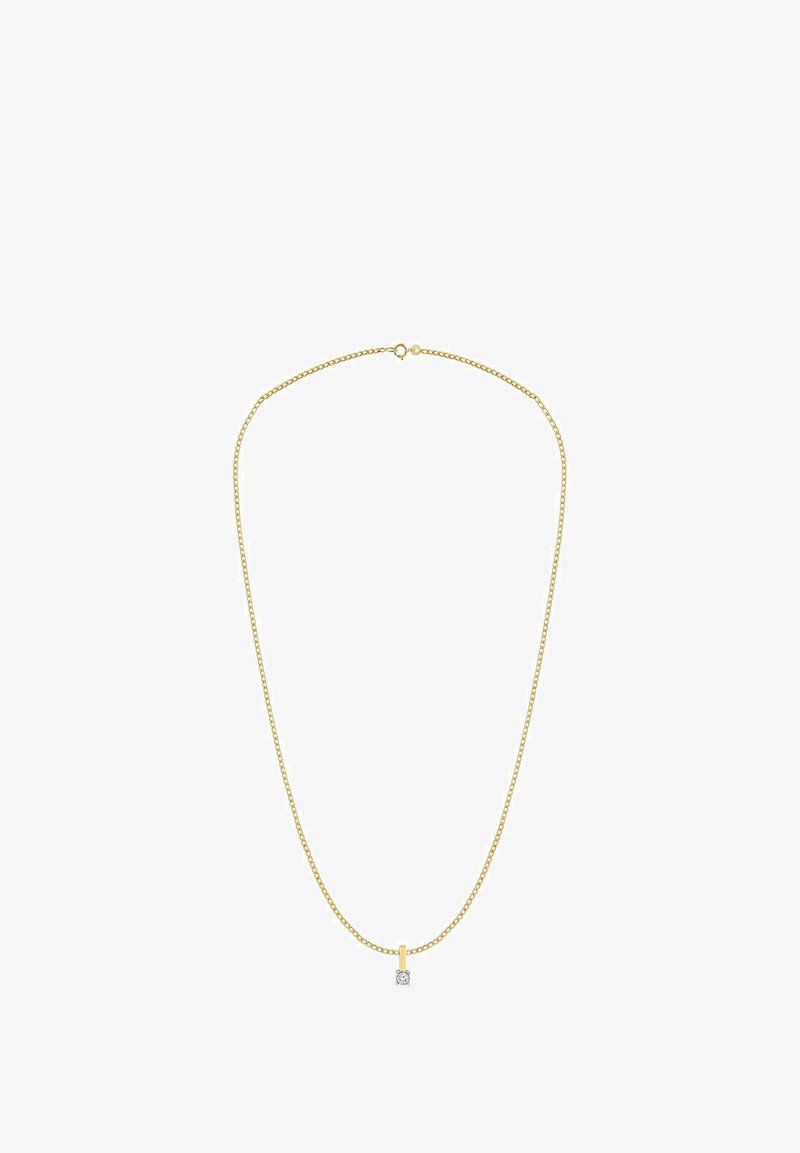 Złoty naszyjnik z łańcuszkiem, z pionową zawieszką ozdobioną przezroczystym kamieniem cyrkonii sześciennej, prezentujący delikatny wzór i subtelną fakturę.