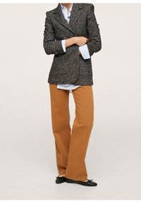 Blazer i tekstureret mørkegråt stof, dobbeltradet design, kombineret med lyseblå stribet skjorte og brune bukser med vide ben. Sorte flade sko.