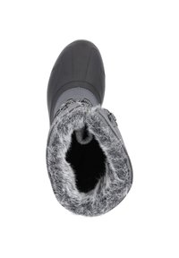 Grauer Winterstiefel mit schwarzer Gummispitze, Fütterung aus Fell im Kragen und Schnürdetails auf weißem Hintergrund.