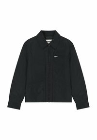 Schwarze Zip-Jacke mit Kragen, Fronttaschen und einem kleinen Logo-Patch. Hergestellt aus glattem, leichtem Stoff mit langen Ärmeln.