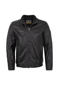 Schwarze Lederjacke mit Reißverschluss vorne, Stehkragen und Seitentaschen. Verfügt über gestickte Akzente und eine glatte Textur.