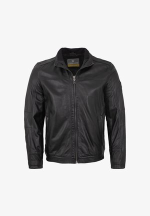 Schwarze Lederjacke mit Reißverschluss vorne, Stehkragen und Seitentaschen. Verfügt über gestickte Akzente und eine glatte Textur.