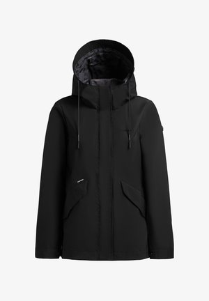 Jachetă neagră cu glugă și șnururi, fermoar frontal ascuns sub clapetă și două buzunare frontale înclinate cu clapete, prezentată pe fundal alb.